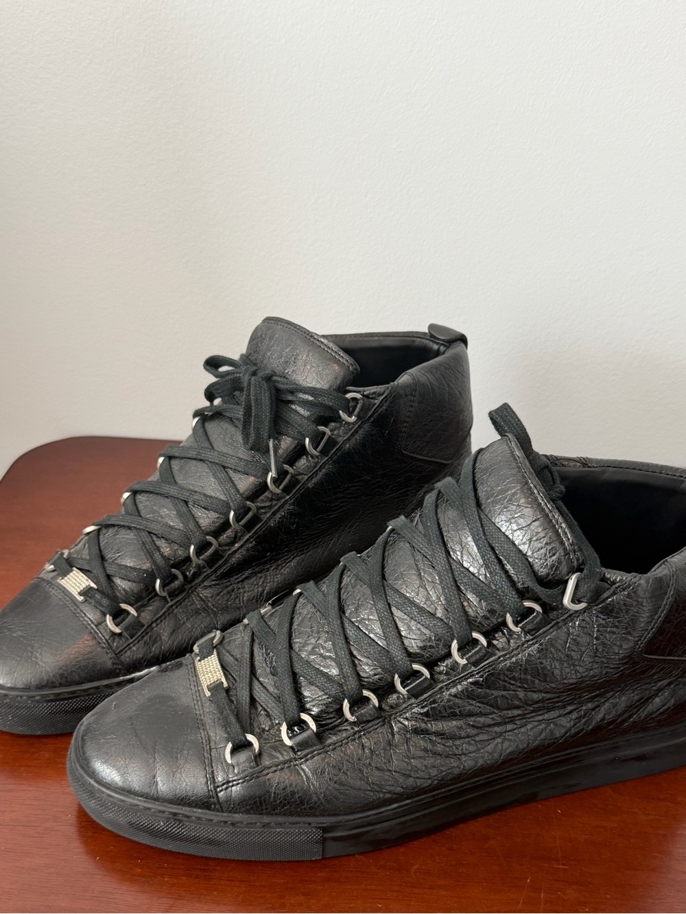 Balenciaga Men's Black Leather High-Top Sneakers- authentic